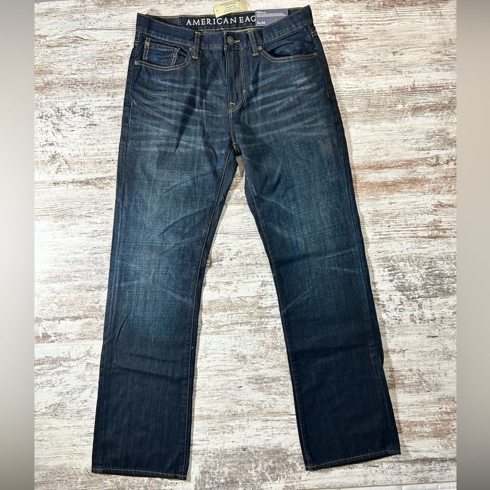 Men’s NWT American Eagle Outfitters Jeans Straight leg dark whisker wash 32 x 34